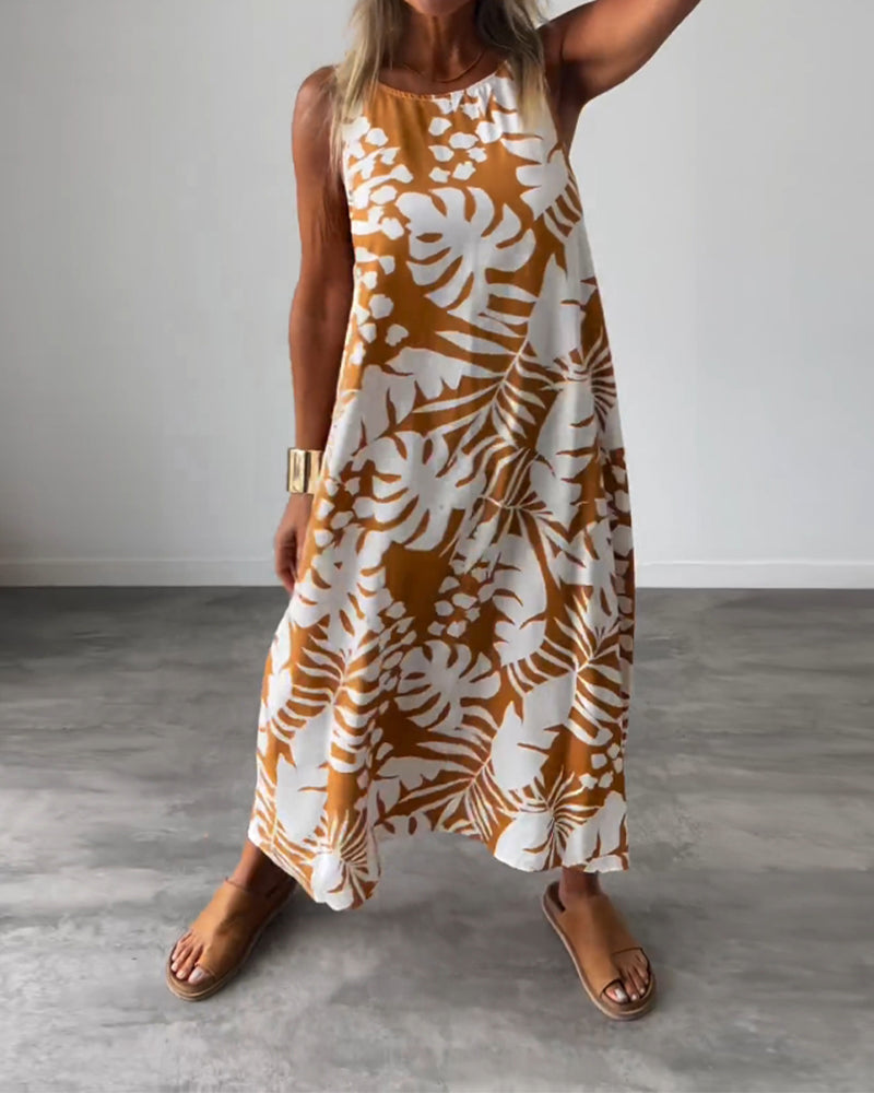 GR | Lässiges, Ärmelloses Kleid mit Blattmuster