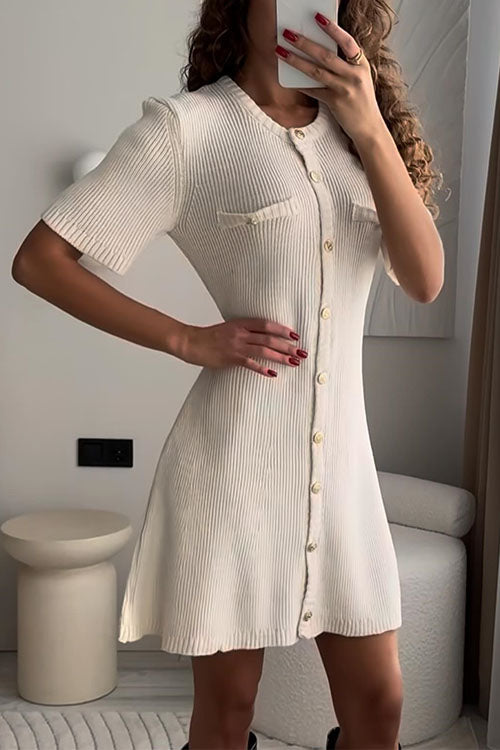 GR | Rosiedress Kurzarm Knopfverschluss Mini Strickkleid