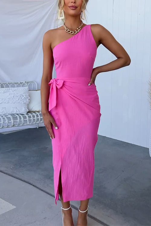GR | One-Shoulder Sleeveless Knot Waist Wrap Party Dress