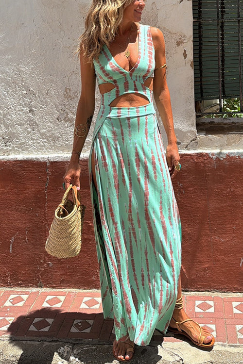 GR | Rosiedress V-neck sleeveless cut-out waist side slit batik maxi dress
