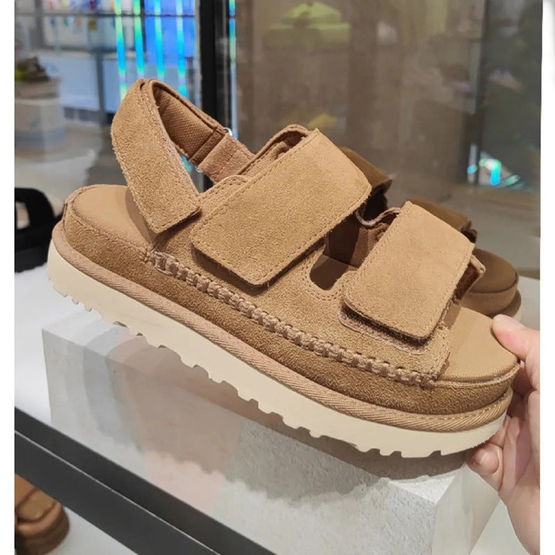 GR | Spring and Summer New Genuine Leather Thick Sole Strappy Velcro Sandals Women's Open Toe Height Increase