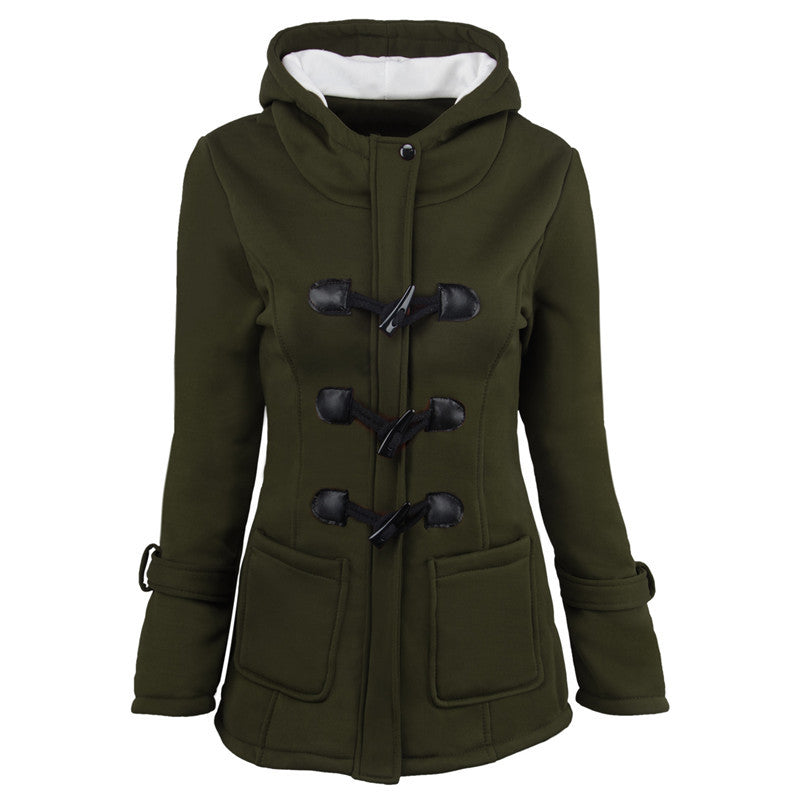 Women's duffle coat with hood and practical pockets, size
