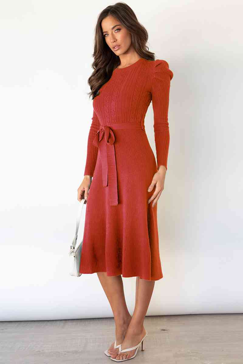 GR | Round Neck Long Sleeve Knot Waist Sweater Dress
