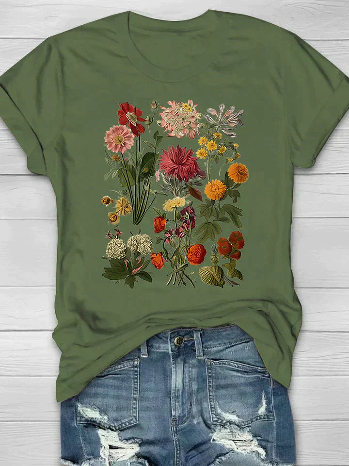 GR | Weinlese Blumen T-shirt Retro Stil Für Lässige Chic