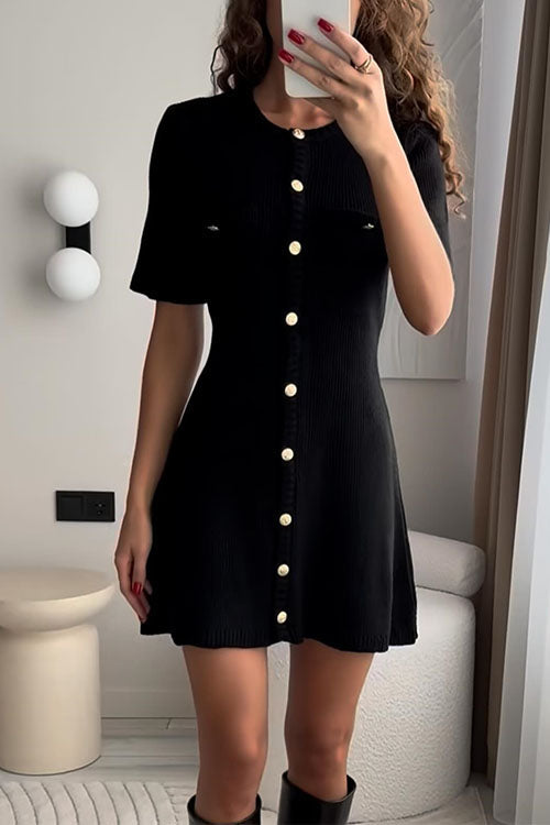 GR | Rosiedress Kurzarm Knopfverschluss Mini Strickkleid