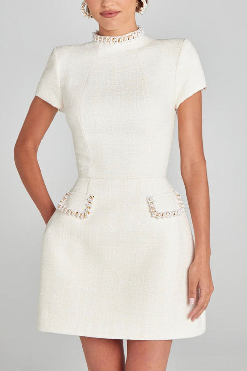 GR | Rosiedress Mockneck Perlenbesatz Tailliertes Tweed Mini-Kleid