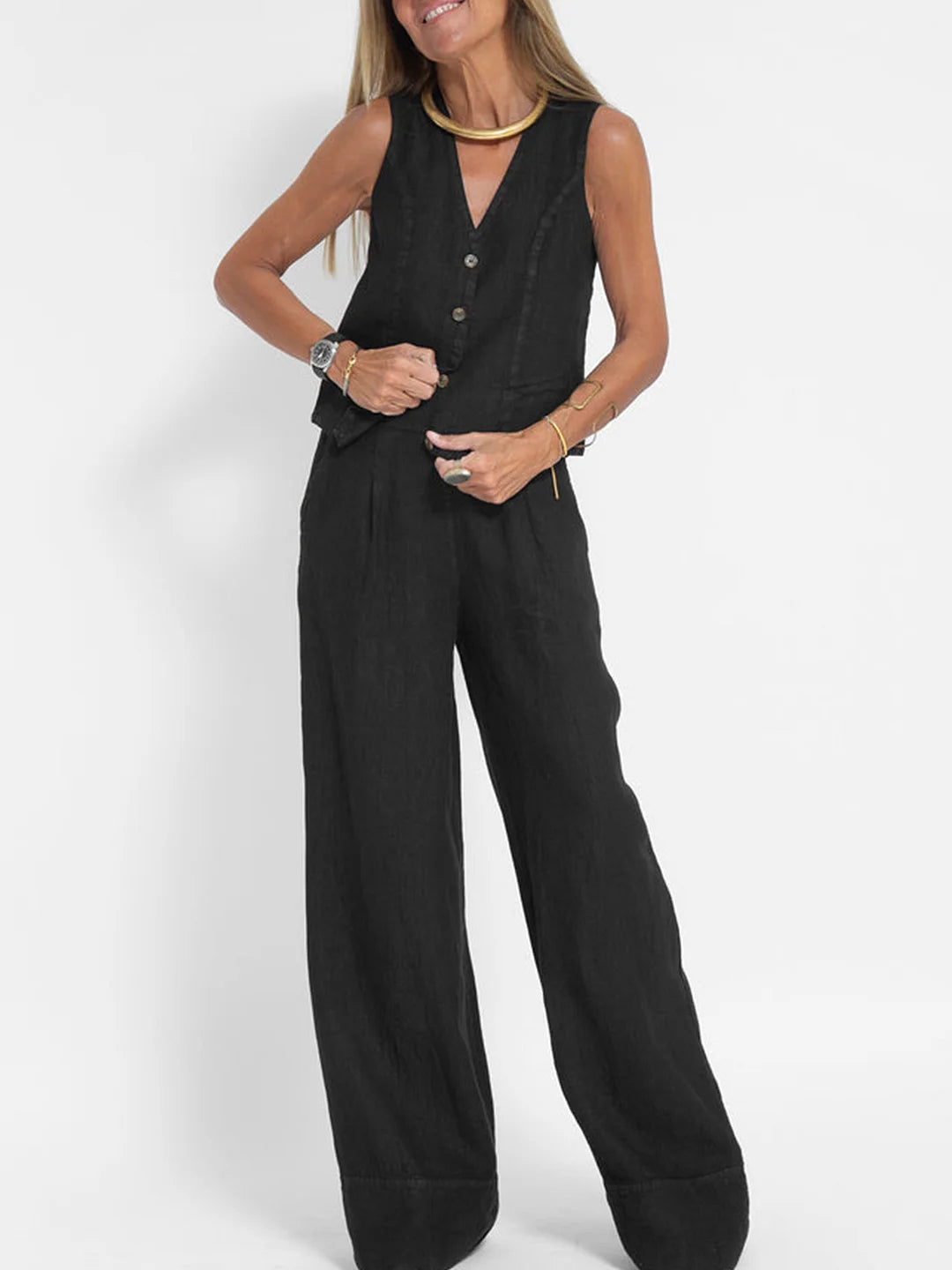 GR | Button-up vest & wide-leg trousers set