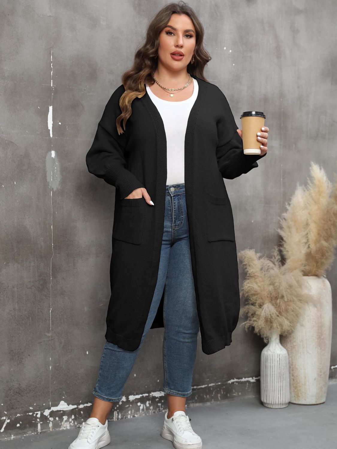 GR | Plus Size Langarm Taschen Cardigan