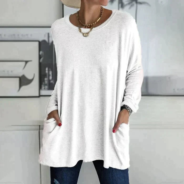 GR | Fashionable tunic top with pockets - Relaxed fit, round neck, long sleeves