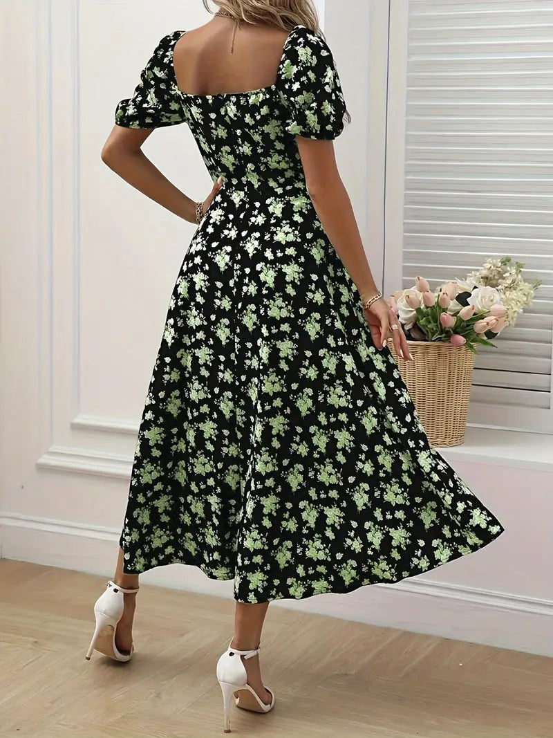 GR | Schickes Kleid mit Puffärmeln Im A-Linien-Stil mit Blumendruck