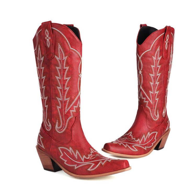 GR | Embroidered Long Knee-High Boots Pointed Toe Chunky Heel High Heel