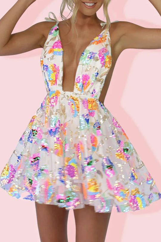GR | V-Ausschnitt Offene Rücken Pailletten Blumen Binde A-Linie Mini Kleid