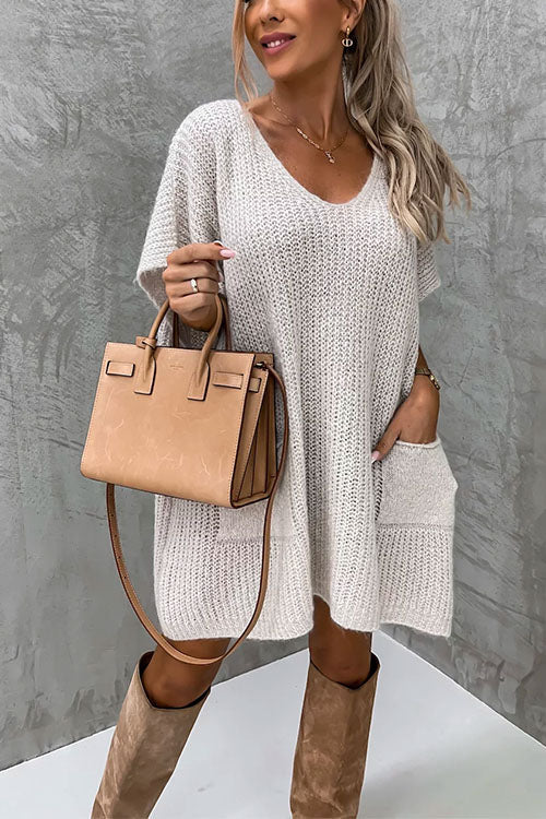 GR | Rosiedress Oversized V-Neck Short Sleeve Pocket Sweater