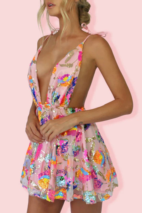 GR | V-Ausschnitt Offene Rücken Pailletten Blumen Binde A-Linie Mini Kleid