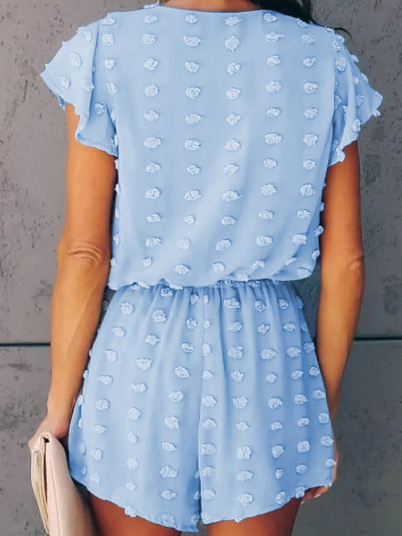GR | Women's Jacquard Polka Dot V-Neck Short Sleeve Jumpsuit
