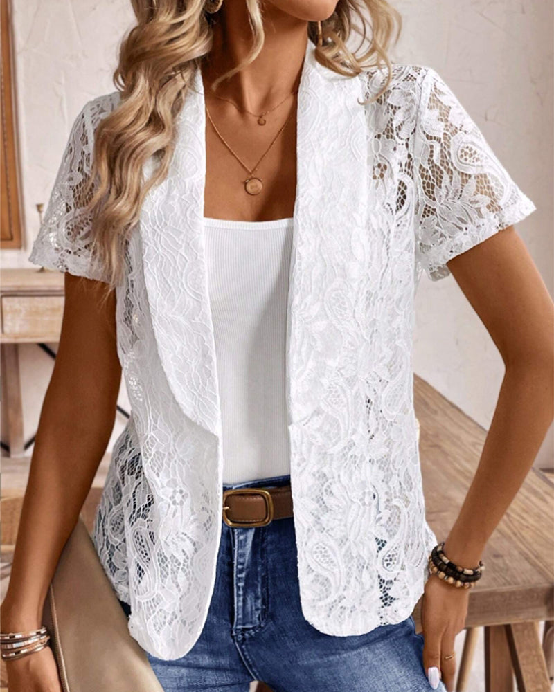 GR | White short-sleeved lace blazer with lapels