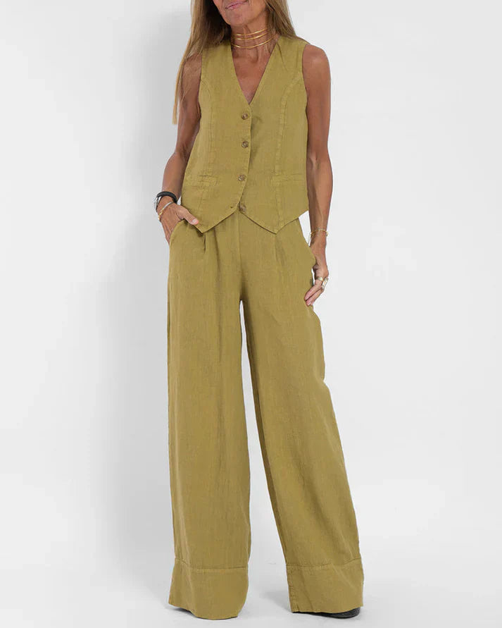 GR | Elegant 2-piece set consisting of wide linen trousers and vest
