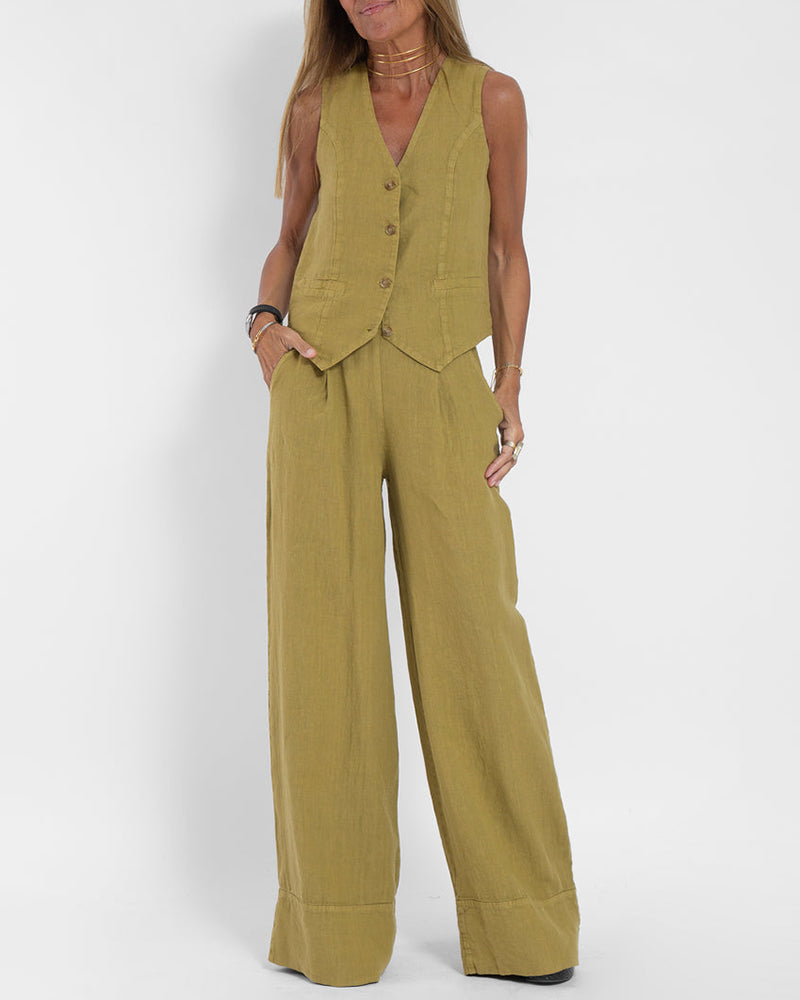 GR | Elegant 2-piece linen set: wide-leg trousers & vest