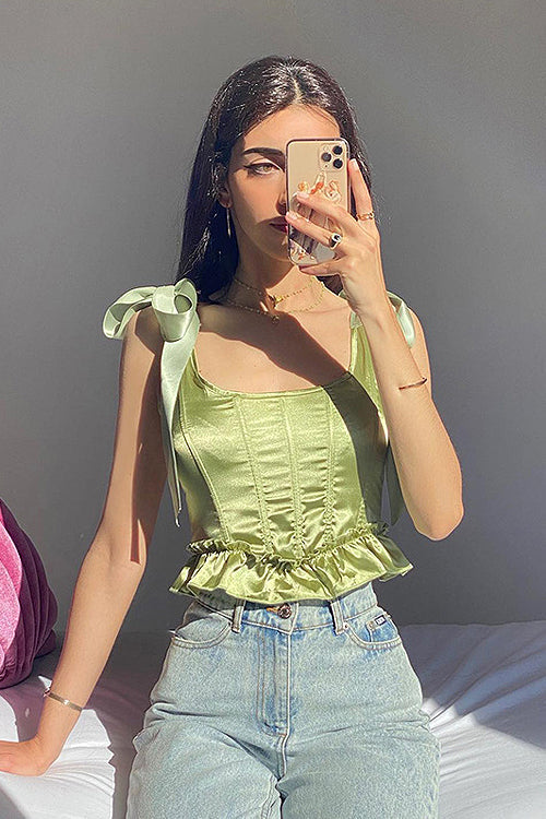 GR | Perfectly Satisfied Green Bow Bustier Corset Crop Top