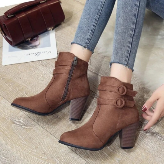 GR | Women's suede ankle boots with double-stitch closure, high block heel, zipper