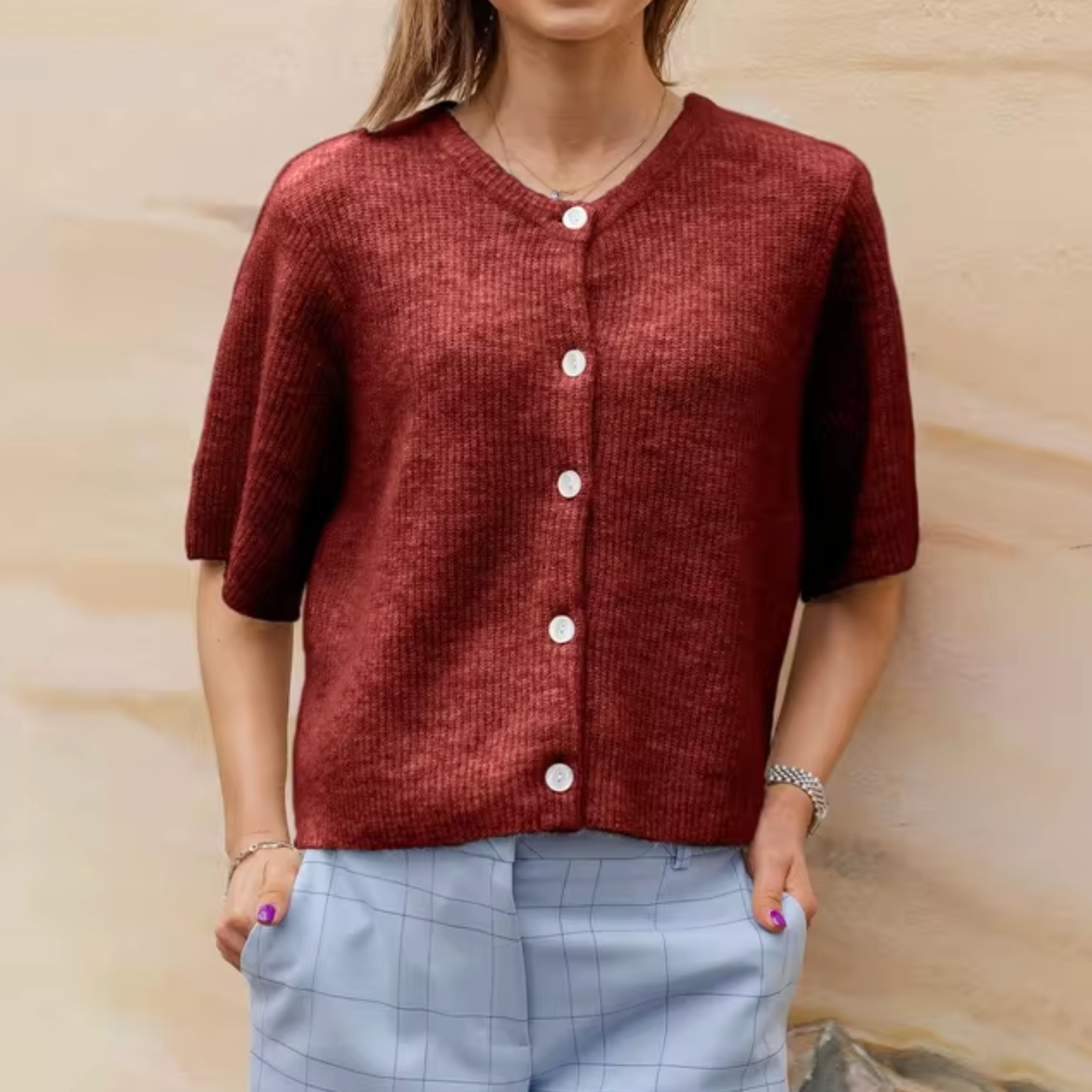 GR | Short Knit Cardigan with Buttons for Women