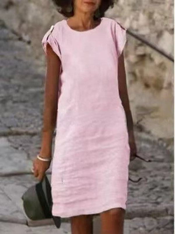 GR | Women's Midi Dress in Colorful Cotton-Linen, Sleeveless with Round Neck