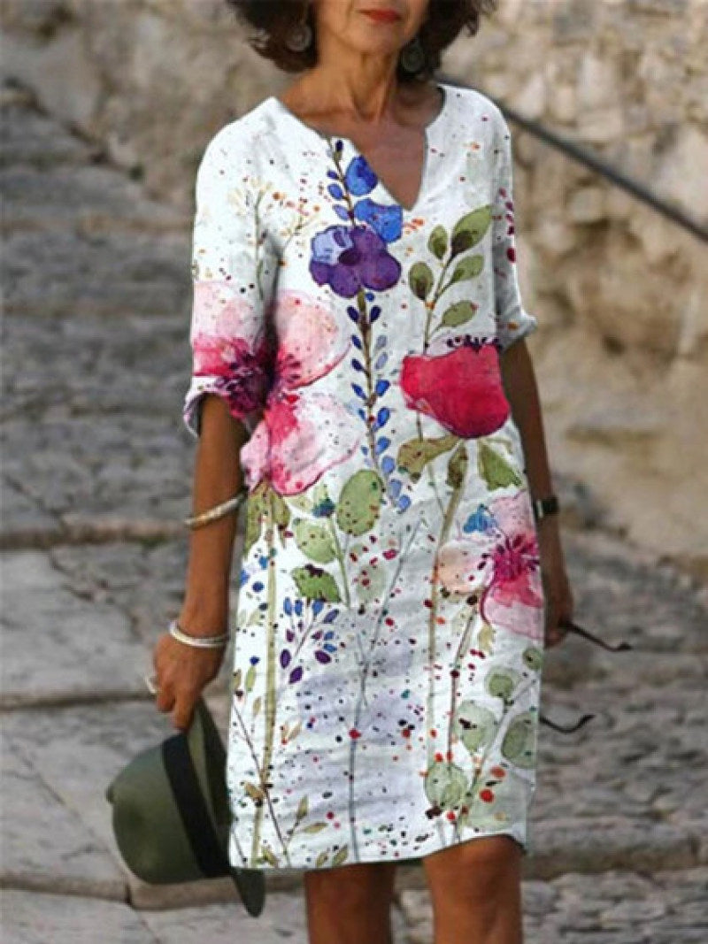 GR | Charming linen dress with floral print