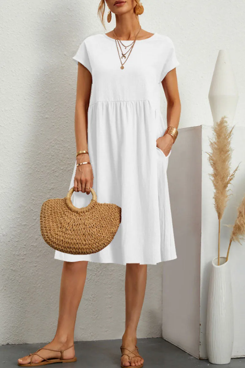 GR | Chic short-sleeved dress with a round neckline in solid color patchwork