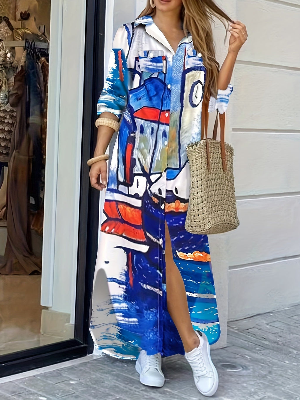 GR | Langarm Kleid mit Gesichtsmuster in Blau und Weiß