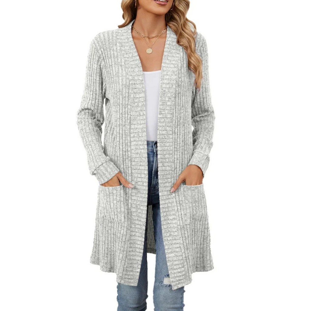 GR | Lange Strickjacken Damen Gerippte Offene Vorderseite Jacke mit Taschen