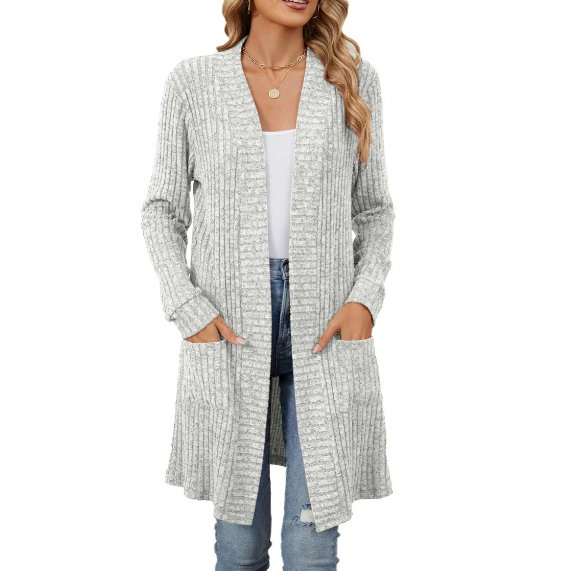 GR | Lange Strickjacken Damen Gerippte Offene Vorderseite Jacke mit Taschen
