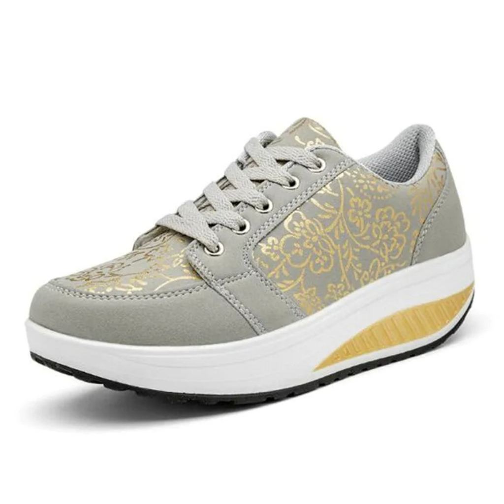 GR | Black Leather Orthopedic Women's Sneakers with Floral Pattern