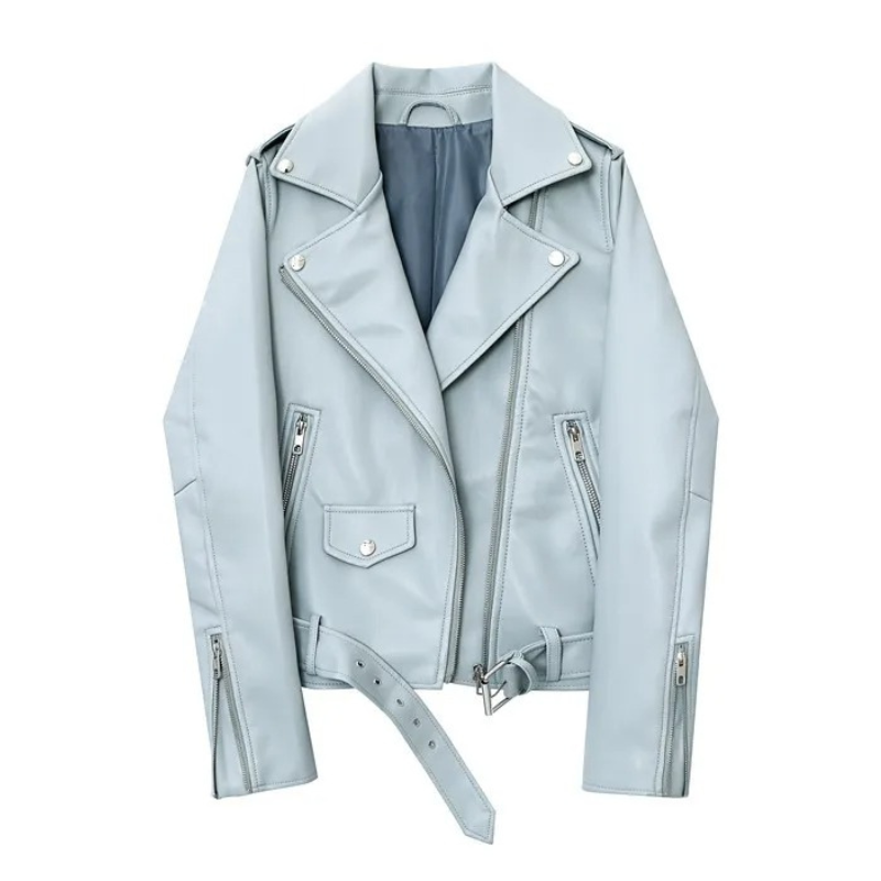 GR | Women's biker leather jacket with zippers and belt
