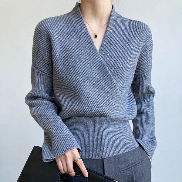 GR | Classic autumn wrap sweater with statement neckline for women