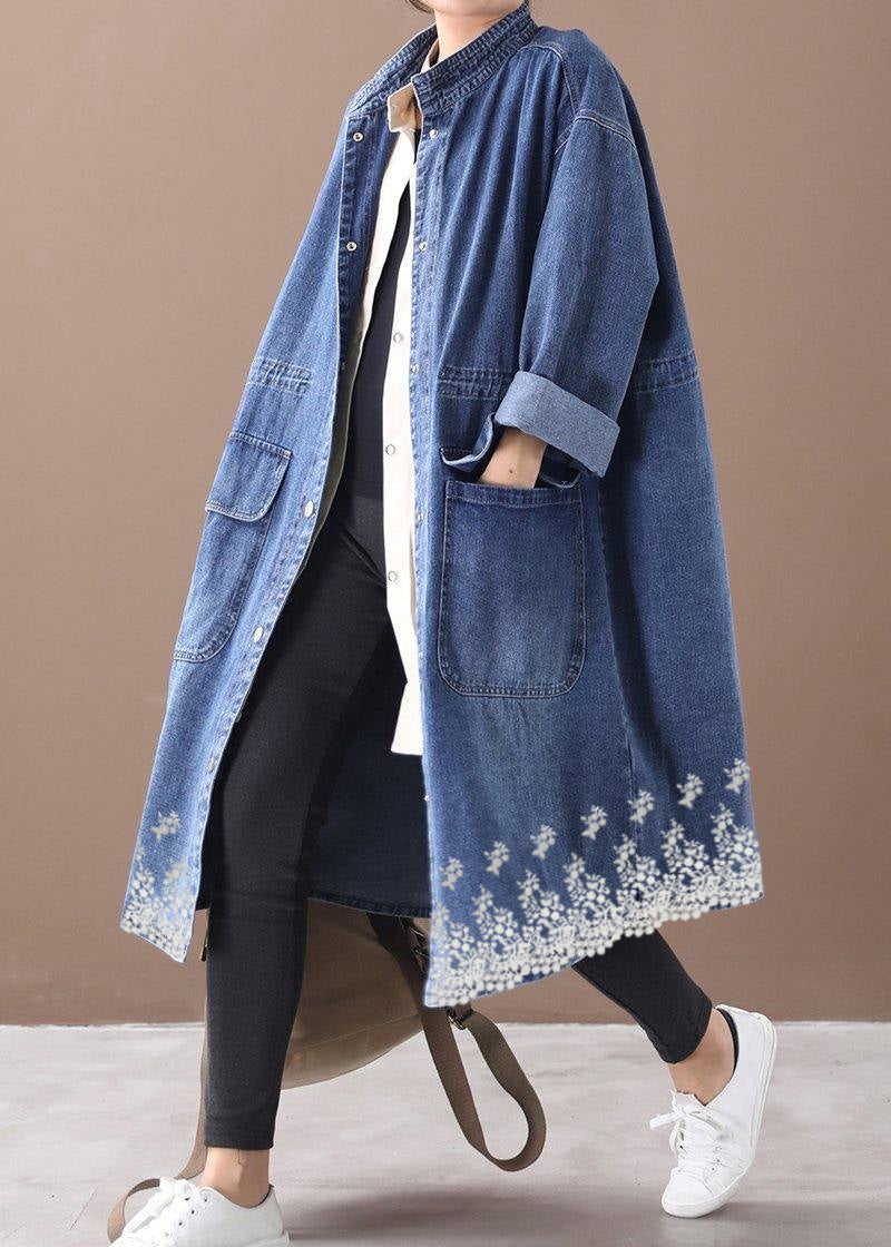 GR | Denim Blue Plus Size Trench Coat with Drawstring