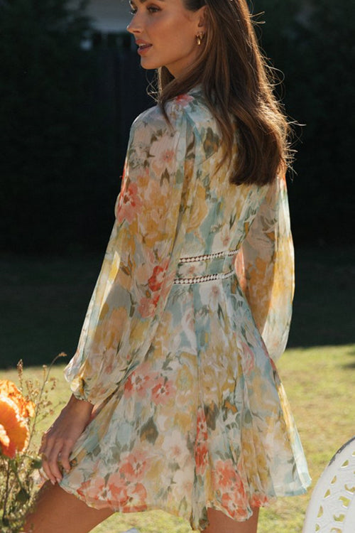 GR | Strahlend Süß Langarm Blumenmuster Mini Kleid