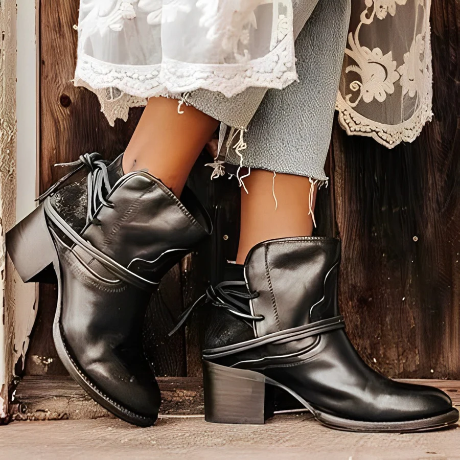 GR | Women's Western Ankle Boots with Wrap Lacing, Washed Leather, Chunky Heels