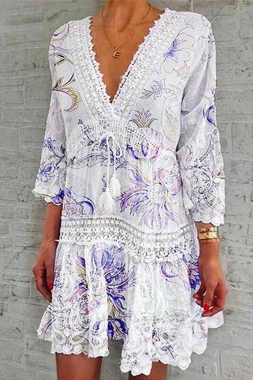 GR | Rosiedress V-neck lace trim tassel flowing dress