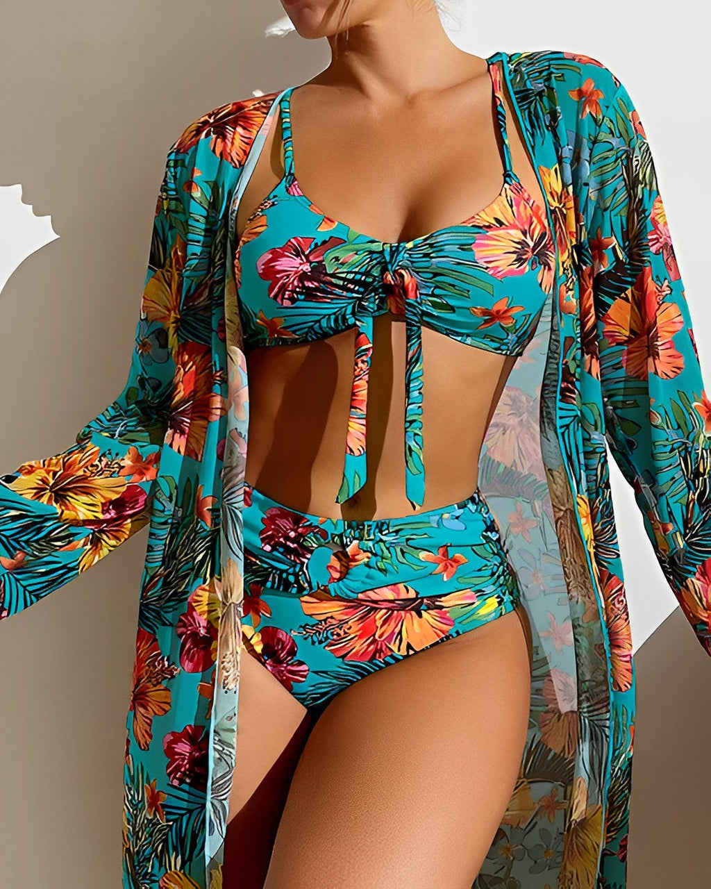 GR | High-waisted bikini set with tropical print for women