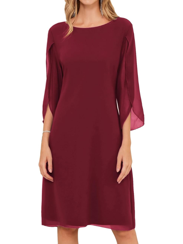 GR | Shift Dress Knee-length Bateau Neckline Three-quarter Slit Sleeves Flowing