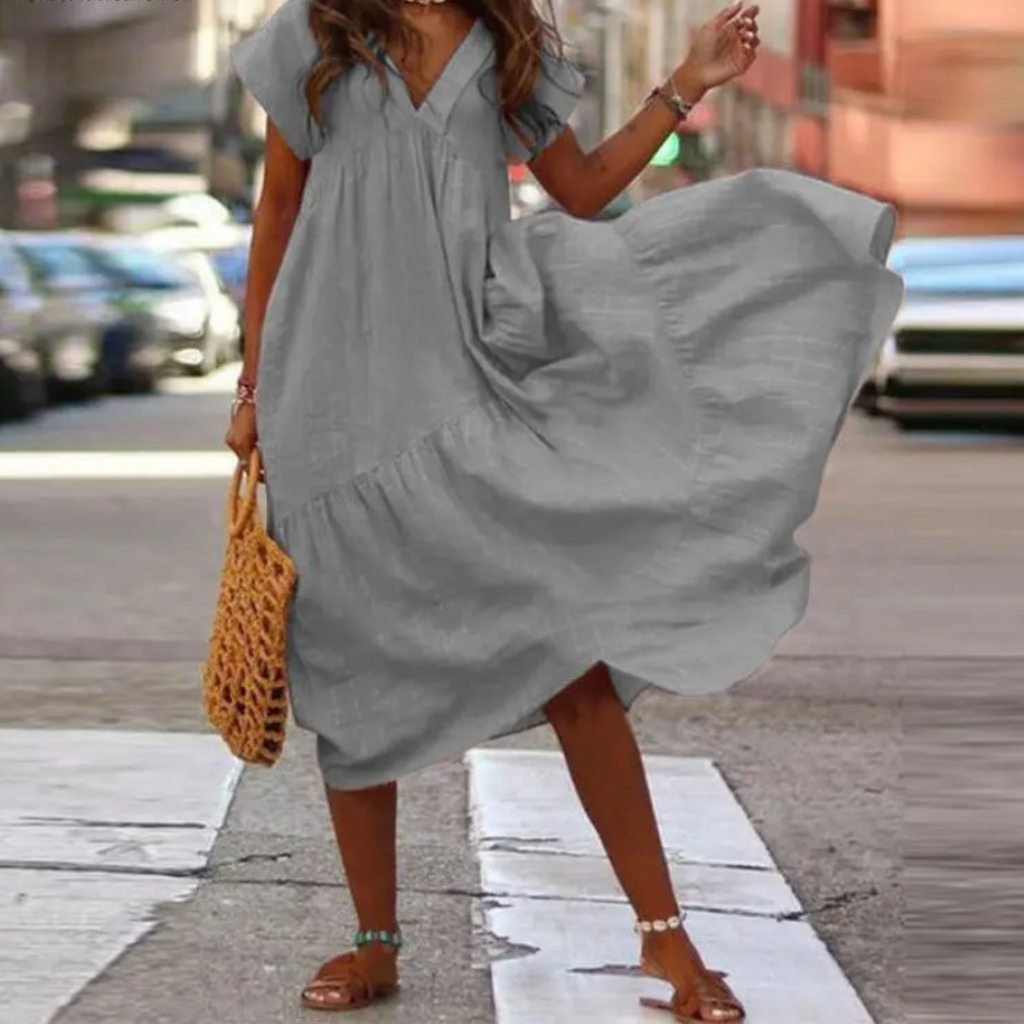 GR – Maxi-style shirt dress with V-neck and ruffles