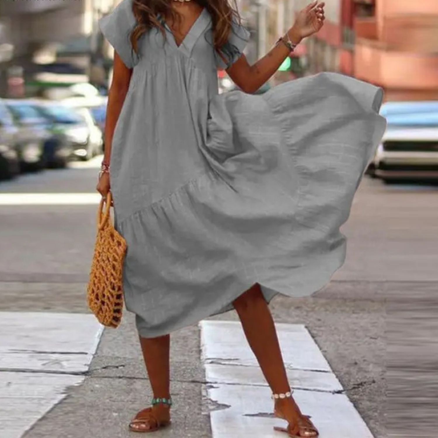 GR – Maxi-style shirt dress with V-neck and ruffles