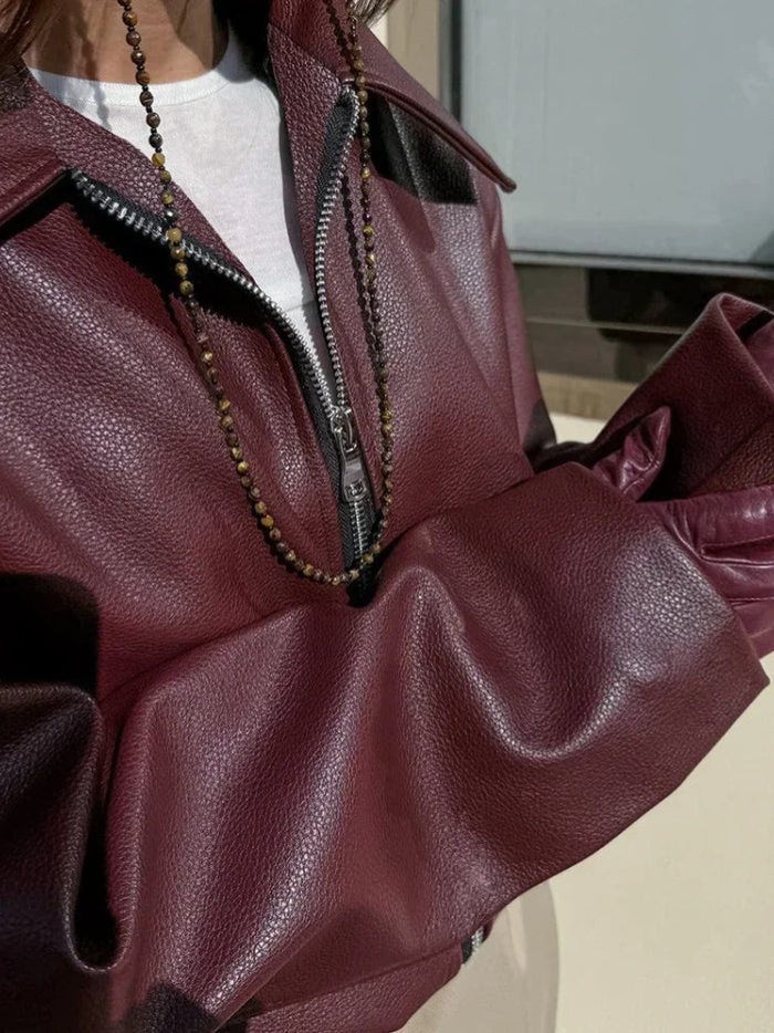 GR | Women's Red Leather Jacket Vintage Leather Jacket with Zipper For Women