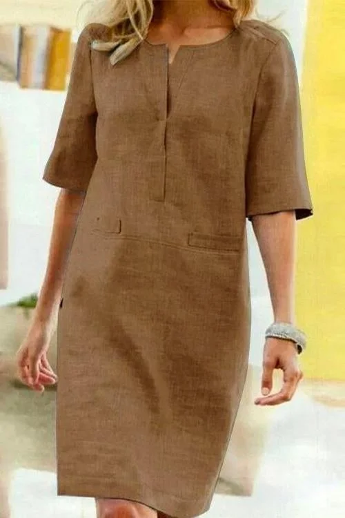 GR | Straight dress with short sleeves made of cotton and linen