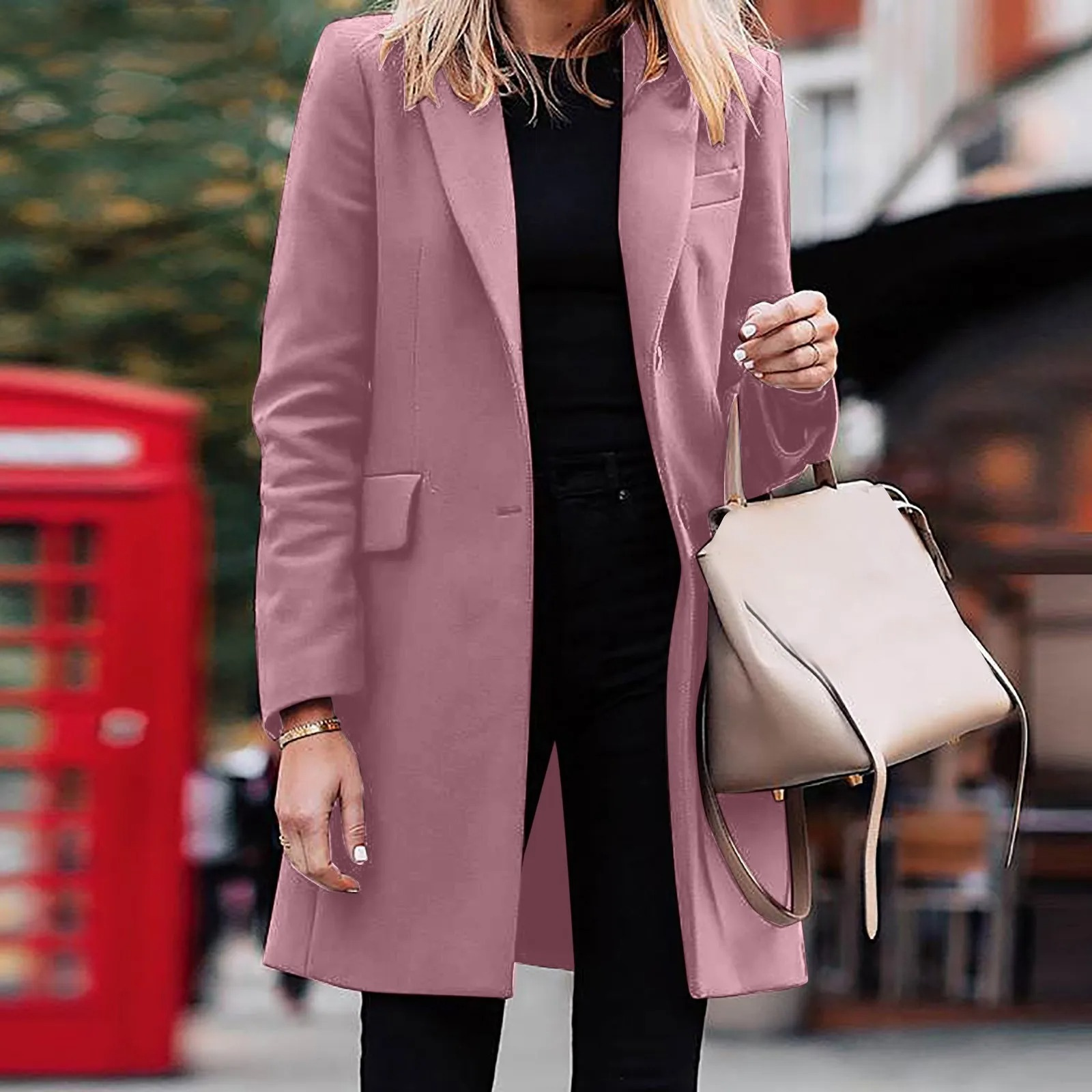 GR | Women's Slim Fit Coat Jacket, One Button Wool Blend Long Jacket