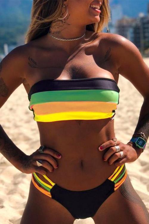 GR | Rosiedress Rainbow Striped Tube Top Bandeau Bikini Set