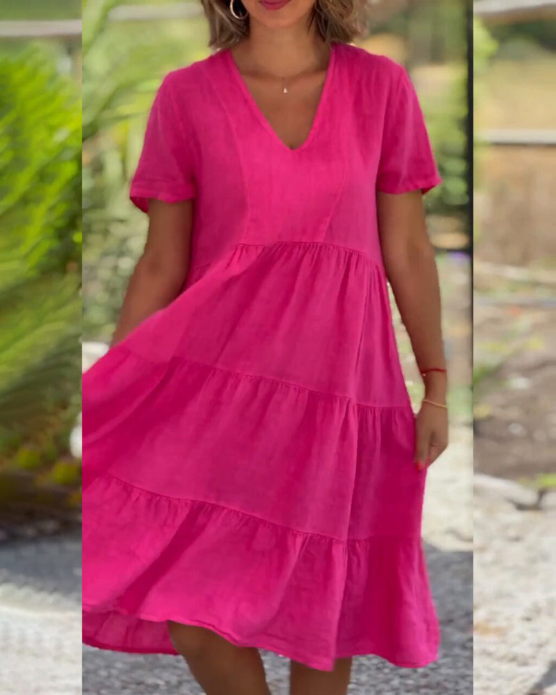 GR | Plain cotton-linen dress with V-neck