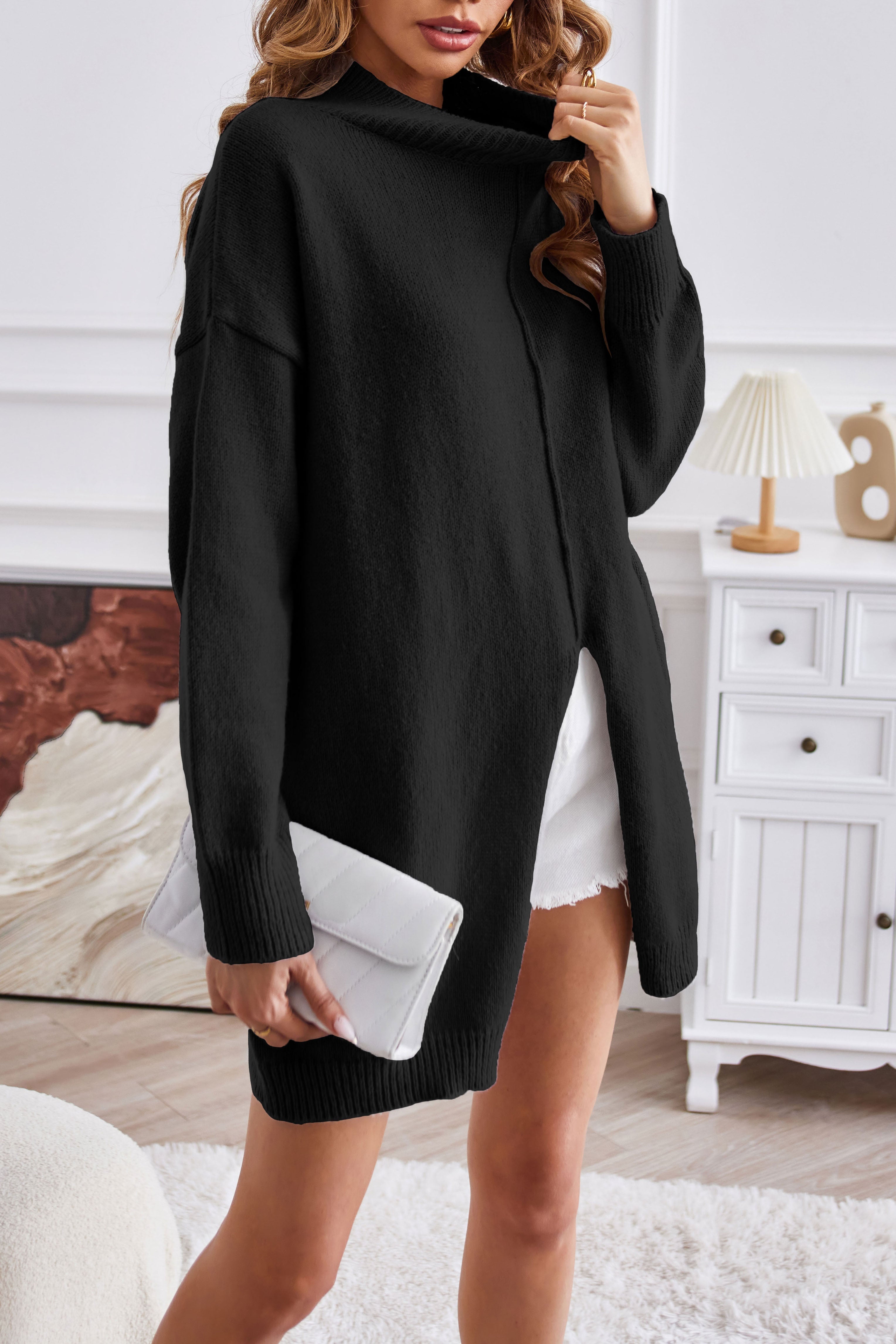 GR Halb-Turtleneck mittellanger Schlitzpullover