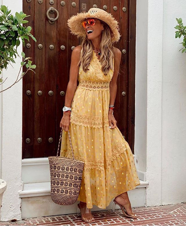 GR | V-neck chiffon backless boho long maxi dresses