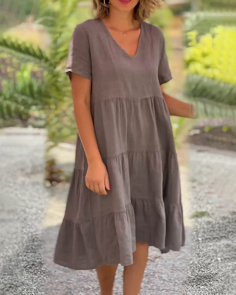 GR | Plain cotton-linen dress with V-neck